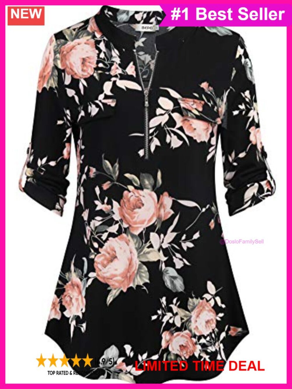 Womens Floral 3/4 Sleeve Zip Up V Neck Tunic Work Office Blouse Top